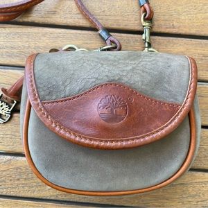 Timberland Moss Green Nubuck & Cognac Leather Cross Body or Belt Bag, 6”x4.5”